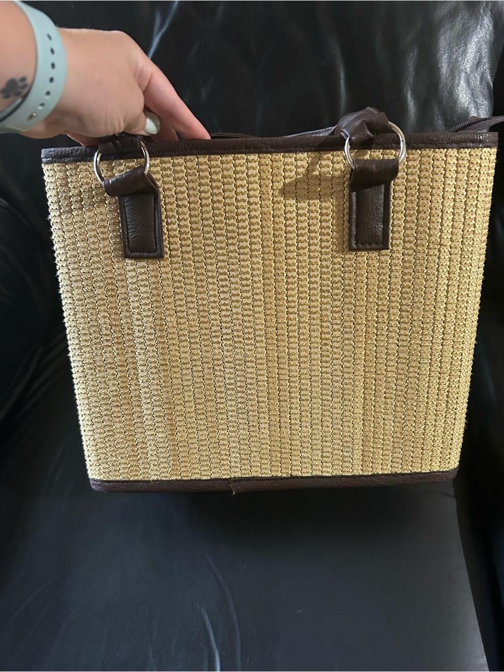 Woven Straw Tote with Dark Brown Trim - Women's Tote Bag